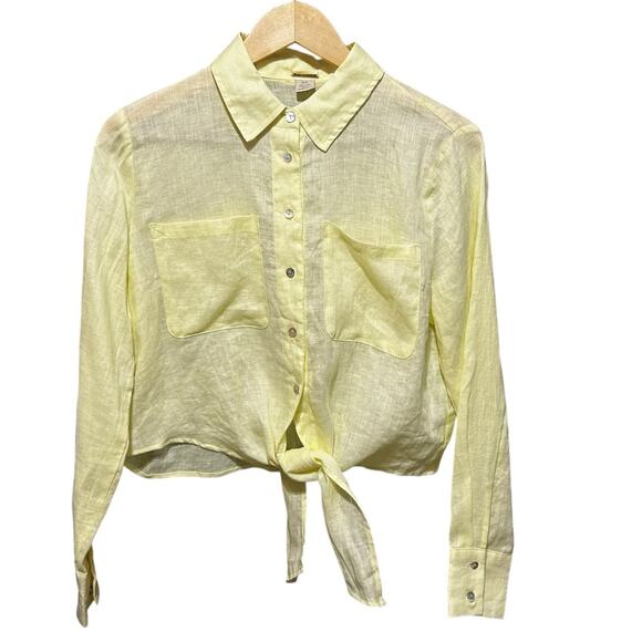 Magaschoni Women Linen Button Top Yellow S Tie Front Preppy Coastal Beach Travel - Picture 1 of 7